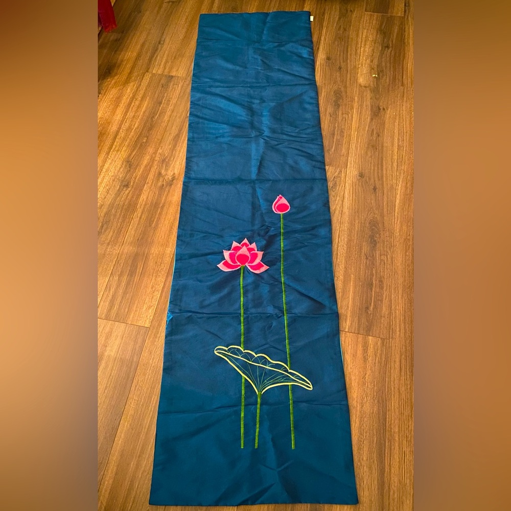 Reversible Navy and Azure Blue Silk Stole/Wrap with Pink Lotus Design